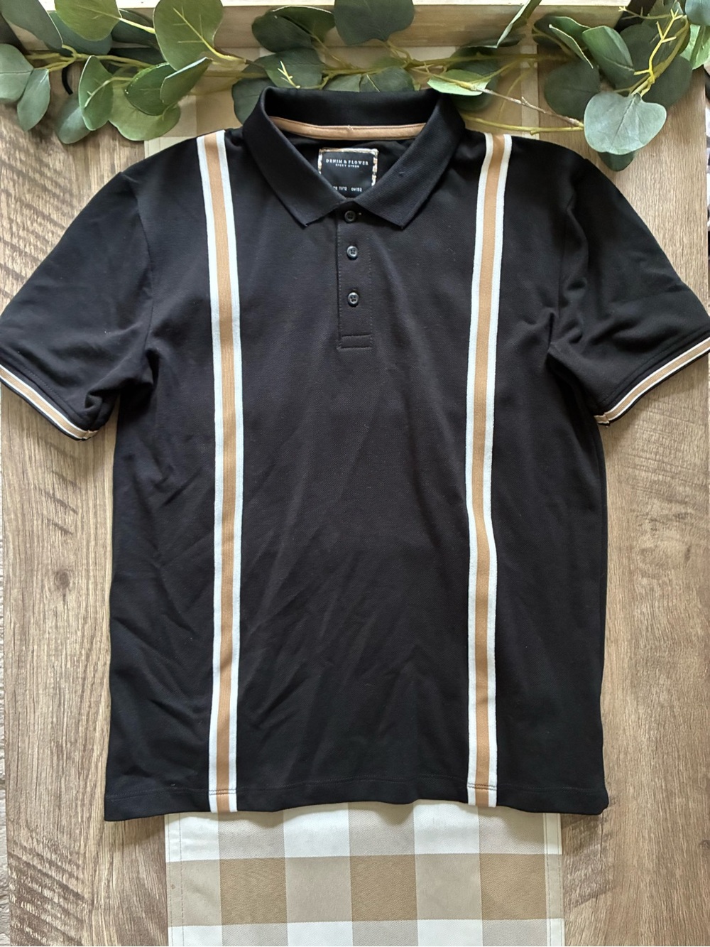 Black Polo Shirt with Tan & White Stripe